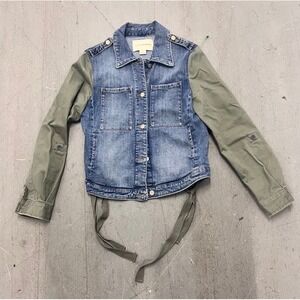 Pilcro And The Letterpress Small Denim Jacket Green Sleeves Tie Back‎ Roll Tab S